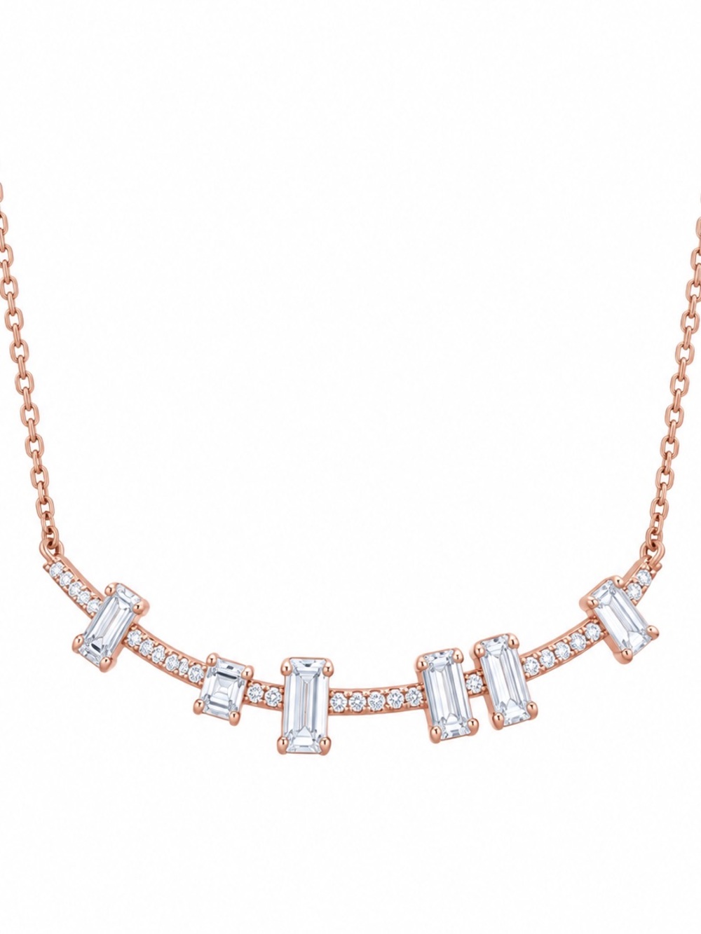 Sterling Silver 925 Rose Gold Tone Baguette CZ Adjustable Necklace 16–17.5”